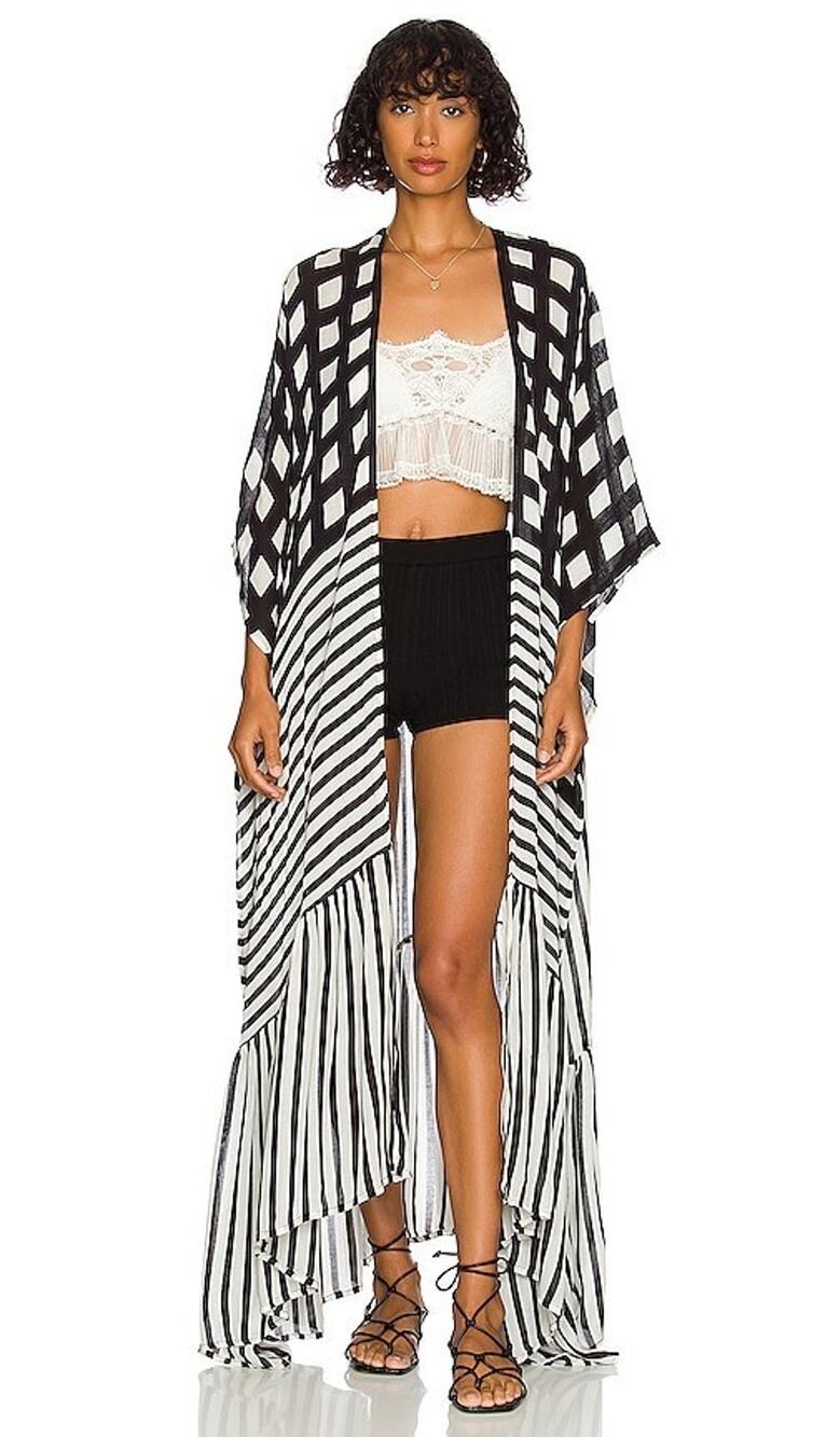 Free People Kenna Ruffle Duster Maxi Kimono Black White Cover Up One Sz Anthro